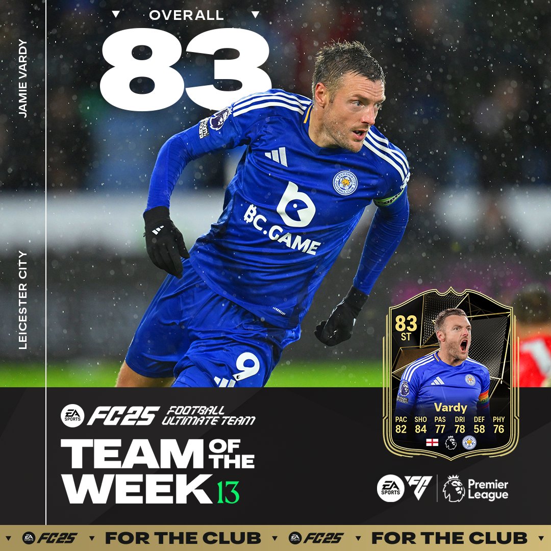 LCFC's tweet image. Goal, assist &amp;amp; TOTW 🔥

Vardy's #LEIBHA performance has secured him a place in FC 25 Team of the Week 💥

#LCFC #FC25 | @EASPORTSFC
