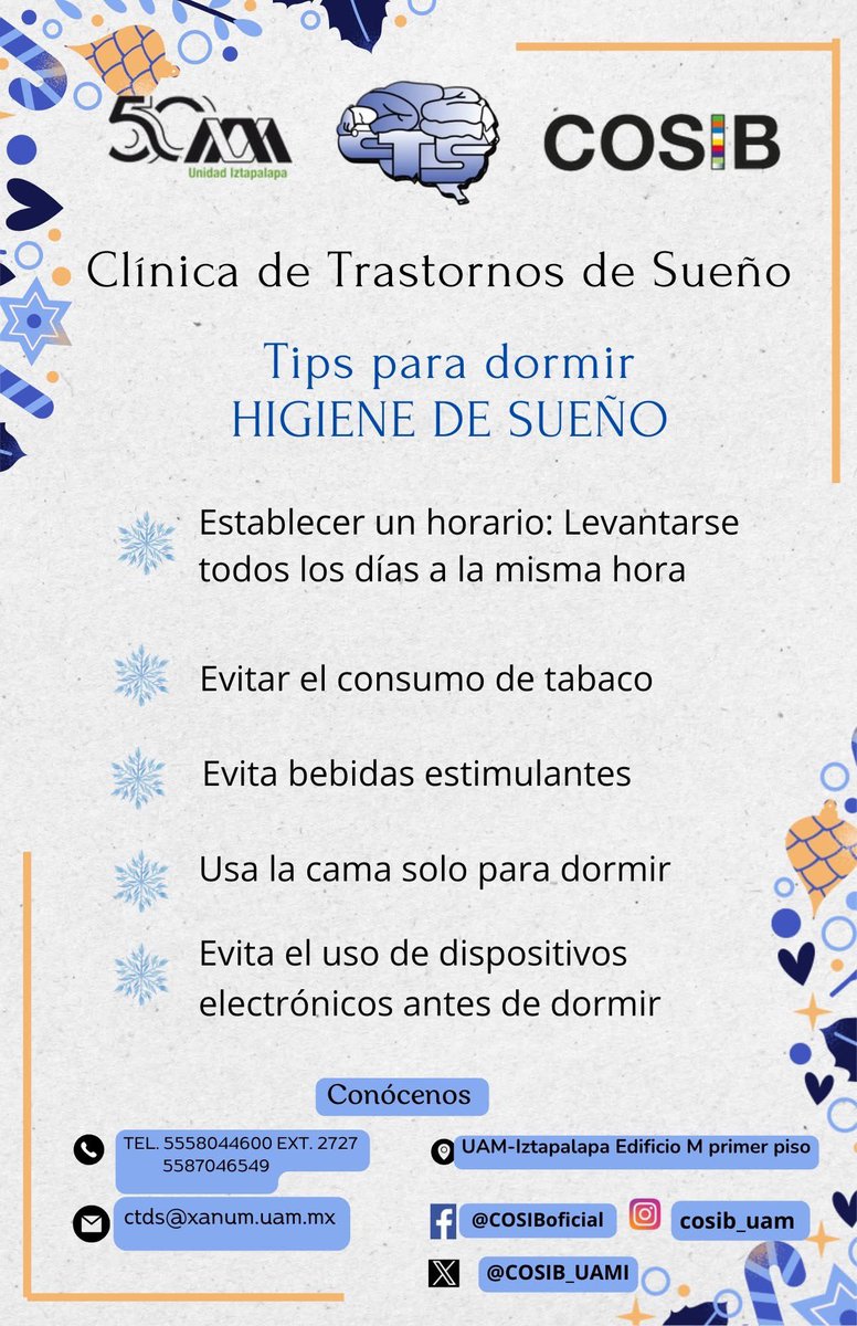 COSIB_UAMI's tweet photo. 🌙 ¿Sabes qué es la higiene del sueño? 💤
Lunes a Viernes de 8:00 a 16:00 hrs. Ubicación: edificio “M” planta alta.
Celular: 55 8704-6549
Correo: ctds@xanum.uam.mx
Dormir bien es vivir mejor. ¡Estamos aquí para ayudarte a lograrlo!✨
#HigieneDelSueño#SaludDelSueño #UAMI https://t.co/Vi34Y8uIBd