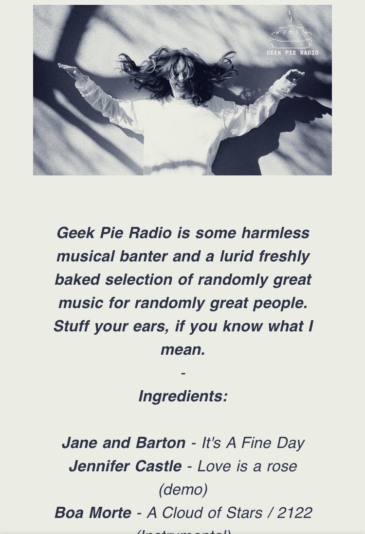 <a href="/BoaMorteBand/">Boa Morte</a> Great to hear ye played on Oisin Lunny’s Geek Pie Radio <a href="/oisinlunny/">oisinlunny</a> @geekpieradio