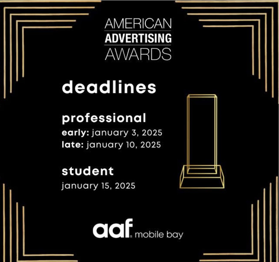 We are now accepting entries for the 2024 American Advertising Awards!
This is the advertising industry’s largest and most representative competition, attracting over 25,000 entries every year!
More information can be found on our website: aafmobilebay.com/american-adver…