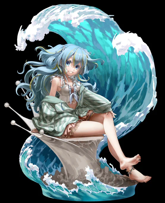 夏頃に描いてた妄想フィギュア!波に大体色乗せ終えた今から描き込み 