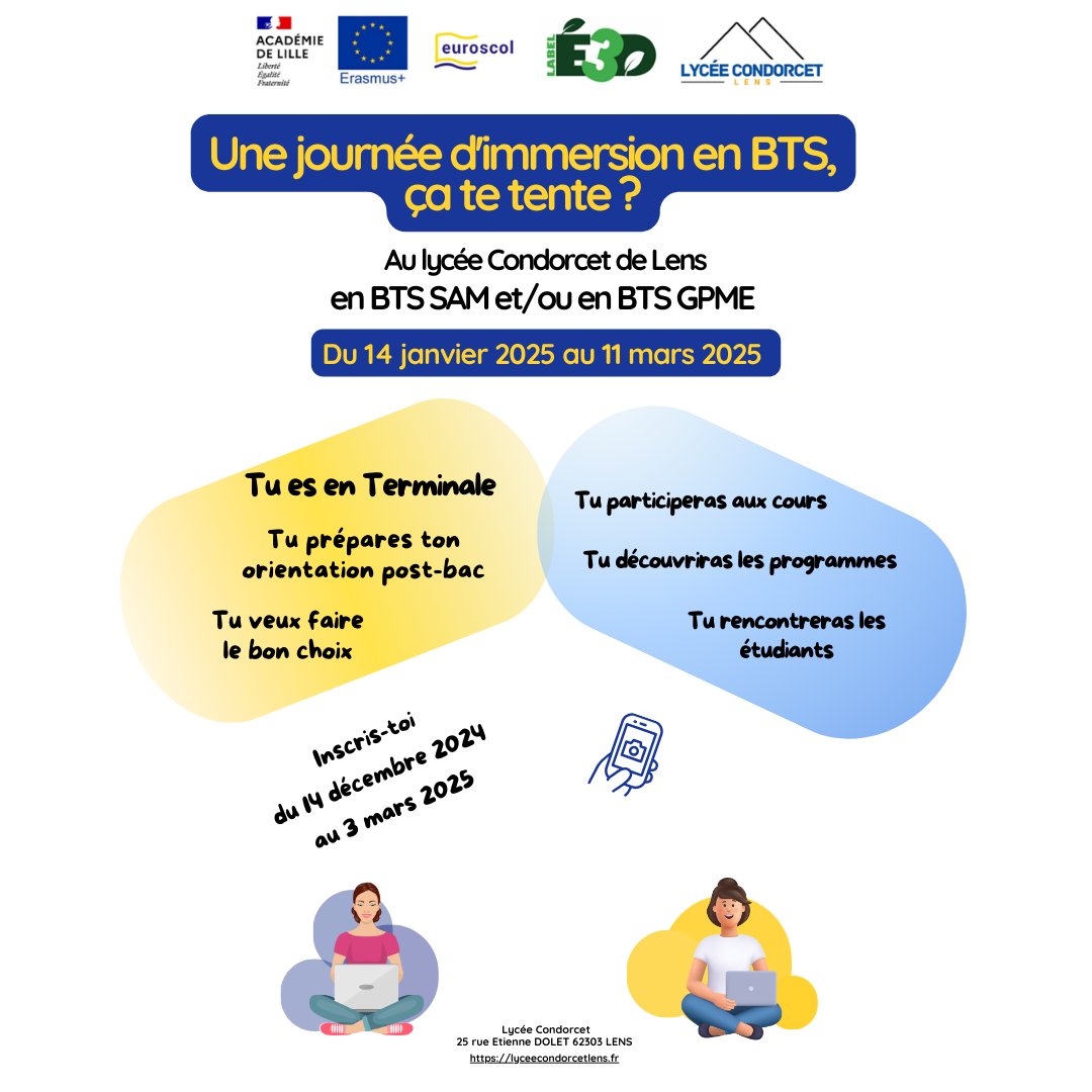 Tu souhaites t'orienter, l'an prochain, en BTS SAM ou GPME. Mais, tu hésites et tu te poses des questions ?
Alors, nous te proposons de venir, vivre une journée en classe de BTS SAM et/ou de BTS GPME.
Inscris-toi vite en cliquant sur ce lien :  forms.gle/RM1hvrnKgQVWqd…