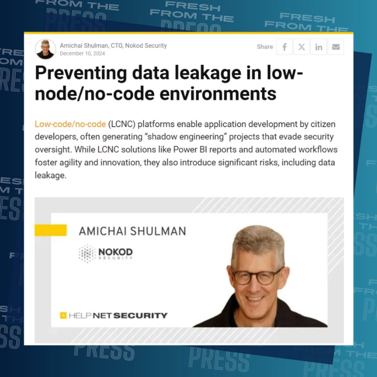 NokodSecurity (@nokodsecurity) on Twitter photo #Fresh_from_the_Press - In his latest article on <a href="/helpnetsecurity/">Help Net Security</a>, Nokod CTO Amichai Shulman points out one of the biggest security concerns in #LCNC development: data leakage!
Just think about:
>>> Reports, unintentionally be made public and exposing critical data
>>> #Fresh_from_the_Press - In his latest article on <a href="/helpnetsecurity/">Help Net Security</a>, Nokod CTO Amichai Shulman points out one of the biggest security concerns in #LCNC development: data leakage!
Just think about:
>>> Reports, unintentionally be made public and exposing critical data
>>>