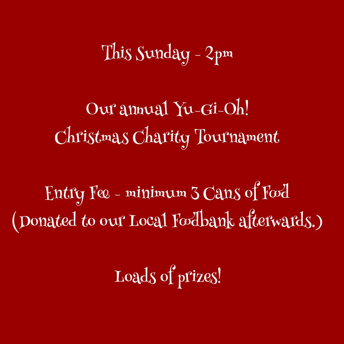 busstoptoyshop's tweet photo. This Sunday is our Christmas Charity #YuGiOh Tournament. Entry fee is minimum 3 cans of food, donated to #Largs Foodbank afterwards.  

In return, prizes courtesy of Konami. All welcome!  

Any other regulars who want to contribute, please feel free to drop stuff in.

#TeamBSTS https://t.co/sweVAC7aac