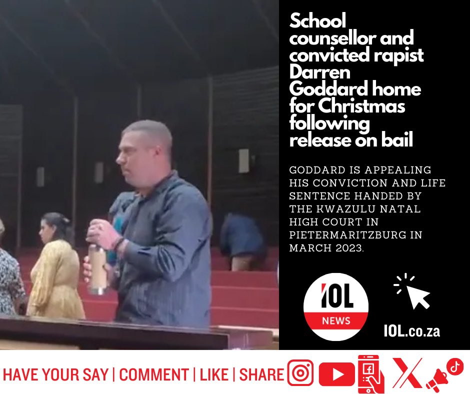 IOL's tweet photo. A former school counsellor and convicted child rapist, Darren Goddard was released on bail on Wednesday pending his appeal in the Supreme Court of Appeal (SCA).
#news #crime #courts #ReleasedOnBail #pendingappeal
Read on
https://t.co/KvXbmUSllp https://t.co/1Mf7ENABLJ