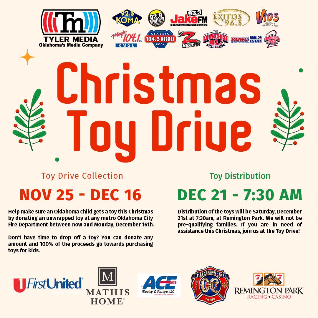 Don't forget about the Tyler Media Toy Drive! Donate an unwrapped toy at any Oklahoma City Fire Department by Monday, December 16th, or contribute any amount to help buy toys!
