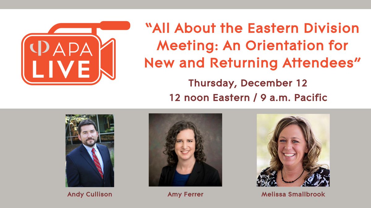 Planning to attend #APAEastern25? Join us tomorrow, December 12, for a special APA Live event: “All About the 2025 <a href="/APAEastern/">APA Eastern Division</a> Division Meeting.” Find out what to expect at the meeting, events to look out for, important reminders, and more! Register at apaonline.org/events/EventDe…