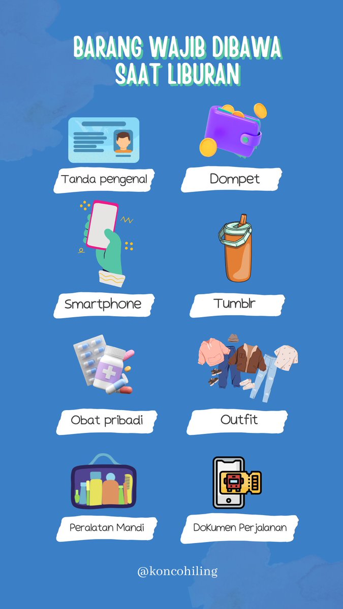 koncohiling's tweet image. Pernah nggak, udah semangat liburan tapi ada barang yang ketinggalan?  

Bayangin dompet atau obat pribadi lupa dibawa... Liburan bisa kacau, loh! 😱  
Ini dia 8 barang yang harus kamu bawa biar liburanmu tetap aman dan nyaman.🧳✨

#KoncoHiling #TravelSmart #TipsLiburan #Barang