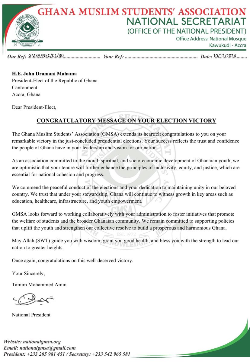 gmsa_official's tweet photo. The Ghana Muslim Students Association (GMSA) sends a warm congratulations to His Excellency, the president elect Mr. John Mahama @JDMahama for an overwhelming victory in the just ended elections. 

The Association, hopes Mr. Mahama the very best in his tenure. 

#Election2024 https://t.co/0d7Cs3Fu8Y