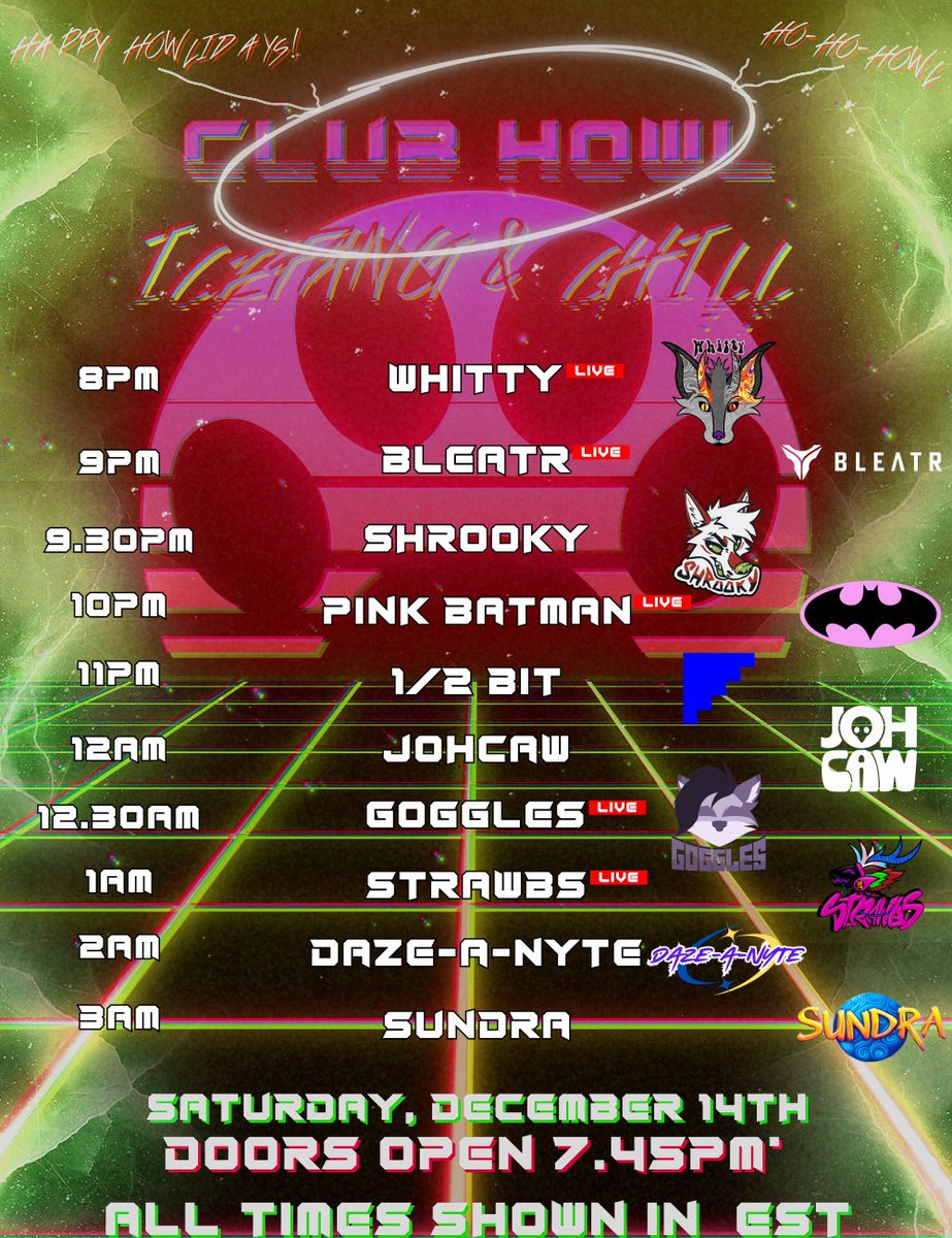 VRCHowl's tweet photo. {TRANSMISSION INBOUND}

Greetings, on this Ho-ho-howliday season...Howl Corp has deemed due to efforts of voyagers, that....a "party" like "never before"  is in order(this will be deducted from your pay grade)🐺🚀🌕

Club Howl...iday special

10 DJs

SAT, DECEMBER 14TH, 8PM EST https://t.co/LWy7GF0U32