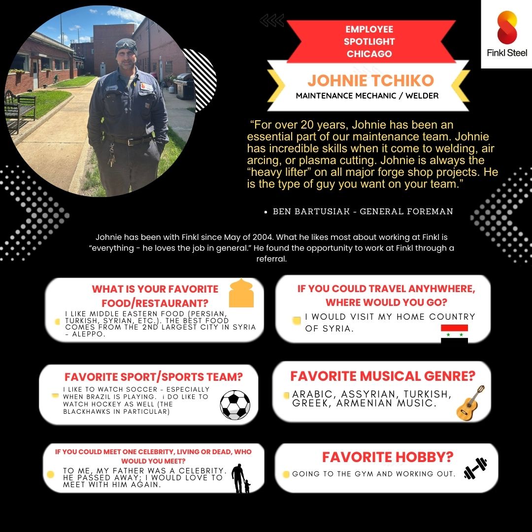 Finkl_Steel's tweet image. Employee Spotlight! ​💼 ❇️ 

Johnie Tchiko, Maintenance Mechanic/Welder at Finkl Chicago.

#FinklSteel #ForgingSteel #SteelManufacturing #Chicago #SteelIndustry