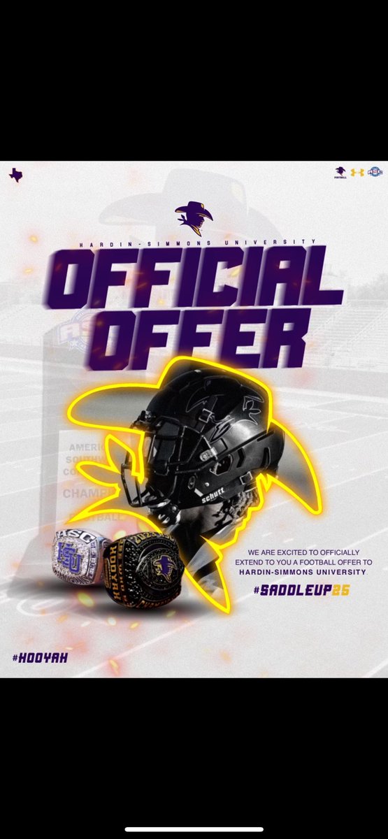 After a great conversation with <a href="/CoachDL_Niles/">Thomas Niles</a> I am honored to say I have received an offer from <a href="/HSUCowboys/">Hardin-Simmons Cowboy Football</a> thank you <a href="/CoachDixon_63/">Coach Stephen Dixon Sr., CAA</a> <a href="/TopNotchThrower/">Coach Covington</a> <a href="/fred_vizcarra/">Coach Vizcarra</a> <a href="/AllNOneSports1/">All-N-One Sports Services</a> !!!