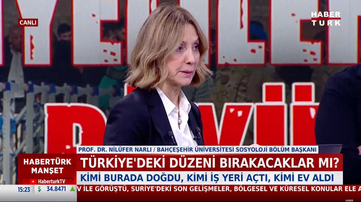 BAU Sosyoloji Bölüm Başkanı ve TOSAM Kurucu Direktörü Prof. Dr. Nilüfer Narlı, Habertürk Manşet programına konuk olarak Suriyelilerin göç ve geri dönüş süreçlerini değerlendirdi.