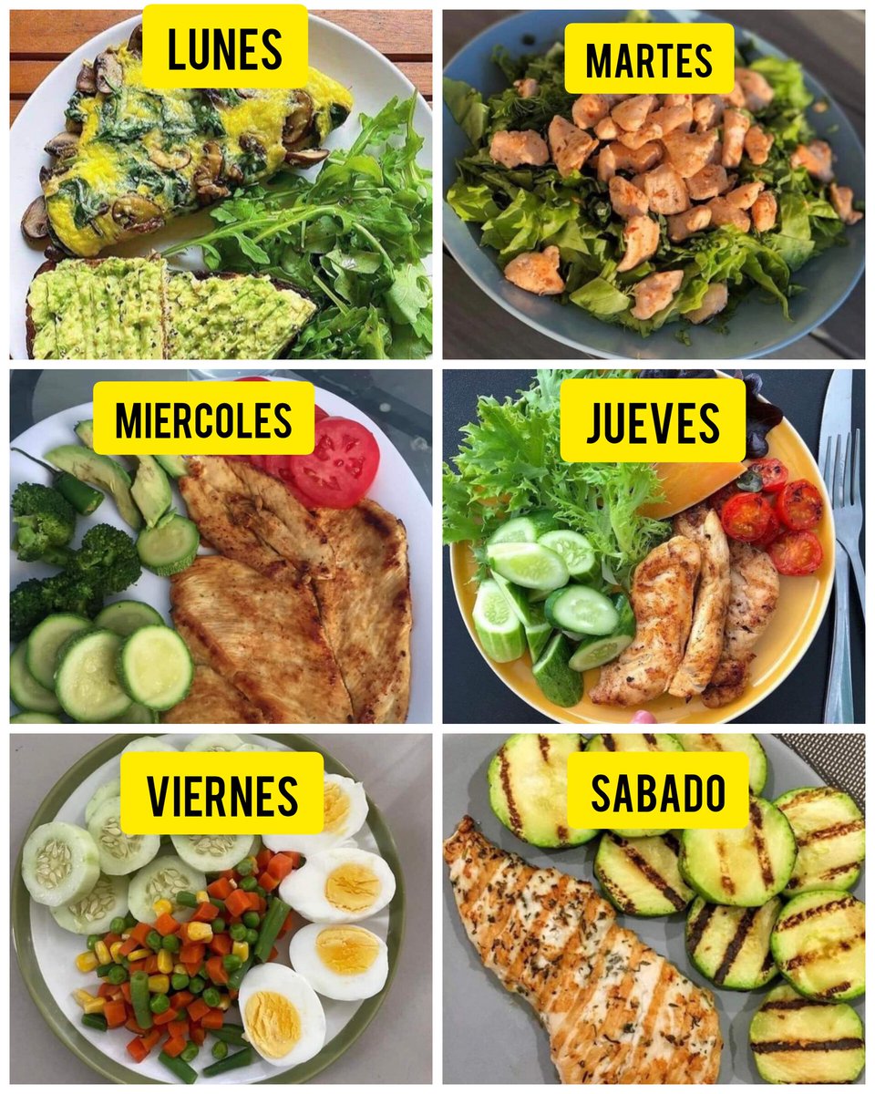 NutriologoGiron's tweet photo. Menú para toda la semana

-Lunes
Huevo con champiñon
Pan con agucate
Ensalada

-Martes
Ensalada con trozos de pechuga 

-Miercoles
Pechuga
Aguacate
Ensalada

-Jueves
Pechuga
Ensalada
aguacate
Arroz

-Viernes
Huevo duro
Pepino
Ensalada

-Sabado
Pechuga asada
Calabazas asadas https://t.co/tLBHiPuZiu