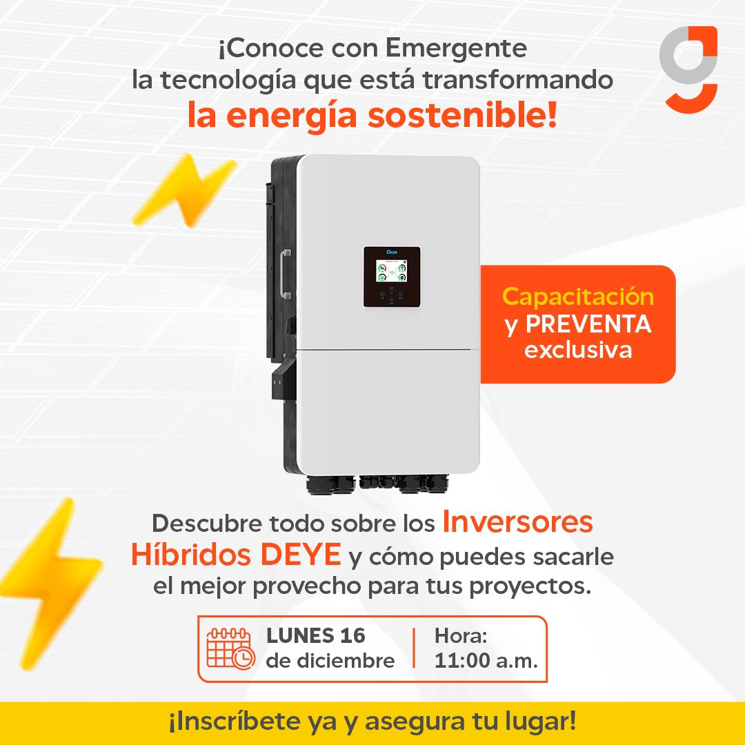 ¡No te pierdas esta capacitación exclusiva! 
Aprende con Emergente todo sobre los inversores híbridos Deye este 16 de diciembre 

Hora: 11:00 AM
Para registrarte ingresa aquí:: forms.gle/VZbJ3C2uamCaU7…

¡Asegura tu cupo, te esperamos! 

#InversoresDeye #Deye #Capacitacion