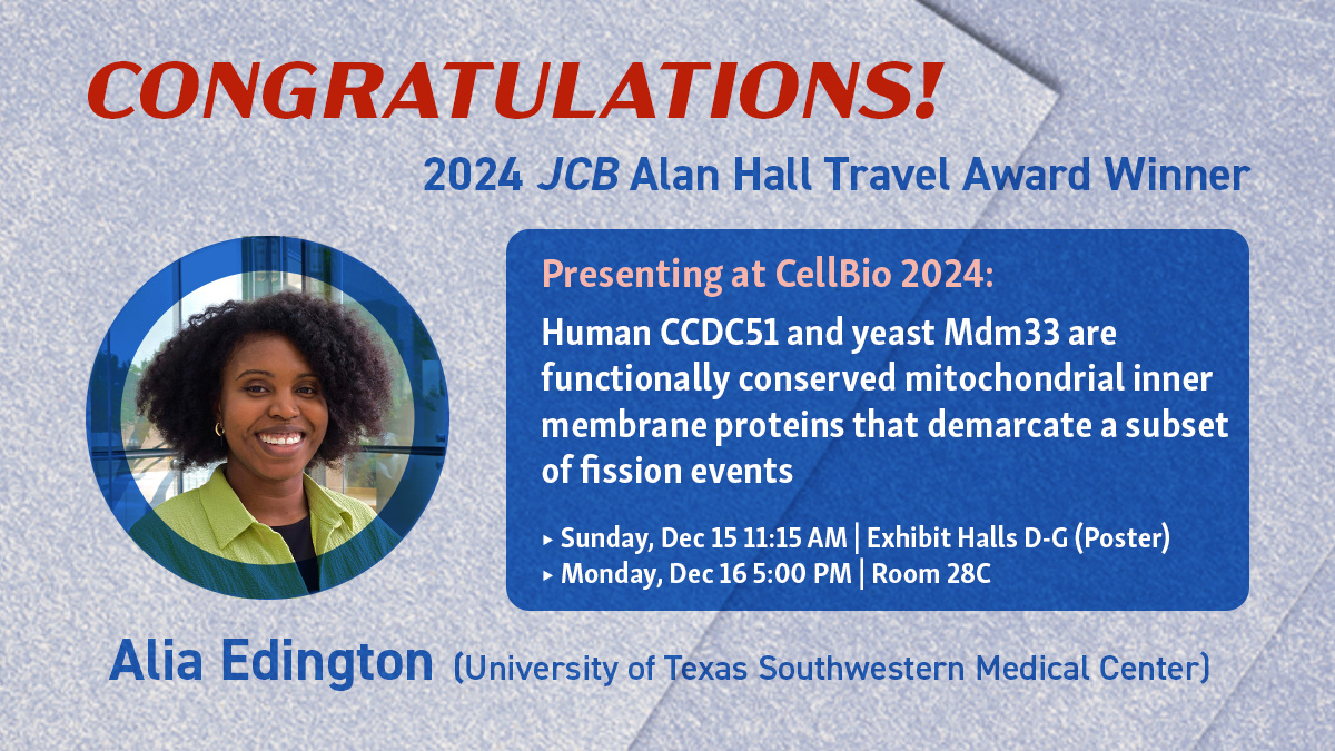 🎉 Congratulations to Alia Edington, the winner of <a href="/JCellBiol/">Journal of Cell Biology</a> 2024 Alan Hall Travel Award! Alia is a graduating PhD student from <a href="/LabFriedman/">Jonathan Friedman</a> <a href="/UTSWMedCenter/">UT Southwestern Medical Center</a>. 
👉 Be sure to catch Alia's talk during #CellBio2024! 
Read about his year's winners: hubs.la/Q02_fSPv0