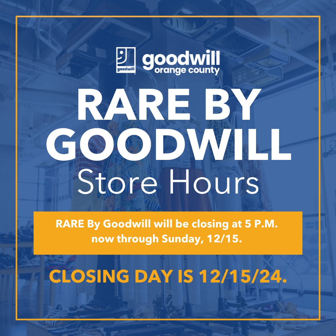 📣 CLOSING STORE HOURS UPDATE 📣 

Our Grand Avenue store and RARE by Goodwill store will be closing at 5 P.M. now through its last day on Sunday, December 15. 

Don't miss out on 75% OFF your entire purchase storewide at our Grand Avenue store and 50% OFF at RARE by Goodwill!