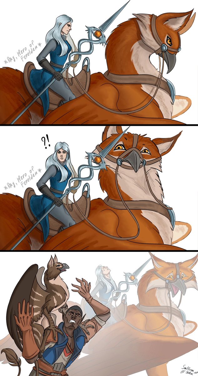 SaffronYollsa's tweet photo. Who's the tough warden?
Comics for fun. Warden Ray Amell, her griffin Arhu, Davrin and Assan.
#dragonage #veilguard #dav #davrin #assan #thewarden #heroofferelden #dragonageveilguard https://t.co/EWicwzxnuo