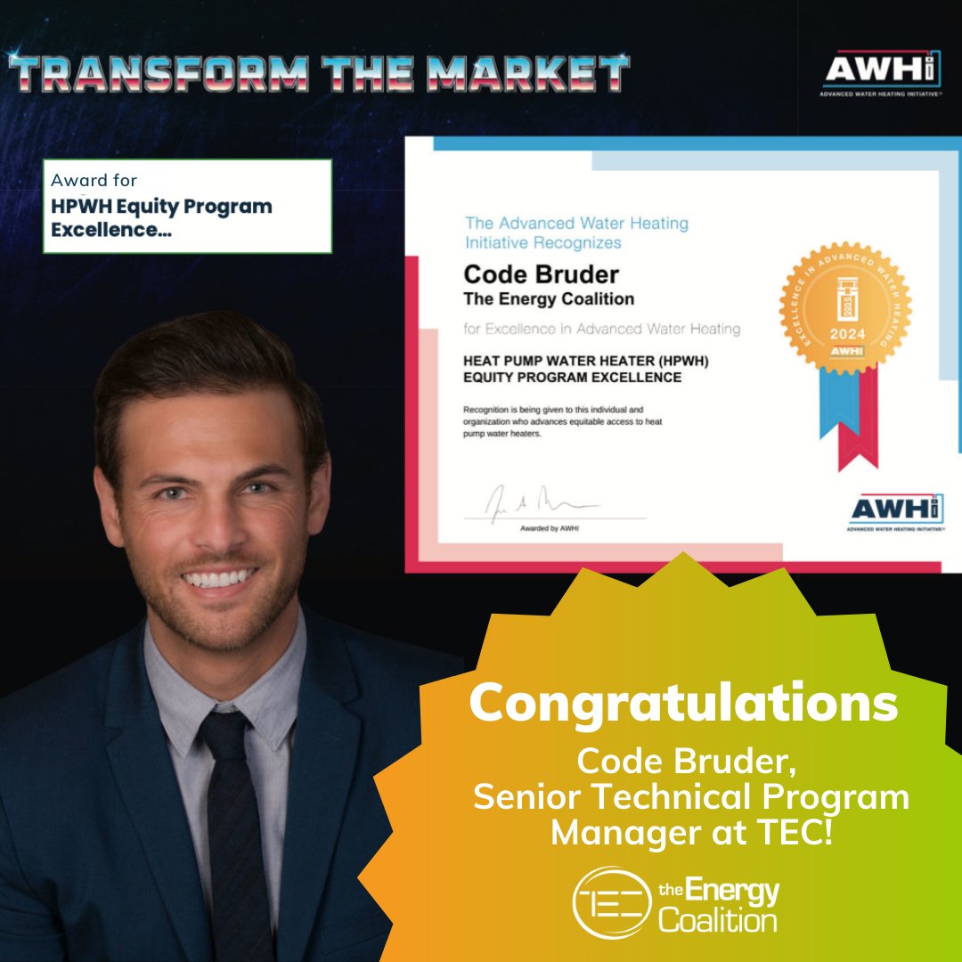 Huge congrats and shoutout to Code, TEC’s Senior Technical Program Manager, for winning the Heat Pump Water Heater (HPWH) Equity Program Excellence Award at HPWH Day, hosted by Advanced Water Heating Initiative (<a href="/advwaterheating/">Advanced Water Heating Initiative (AWHI)</a>)!!!
