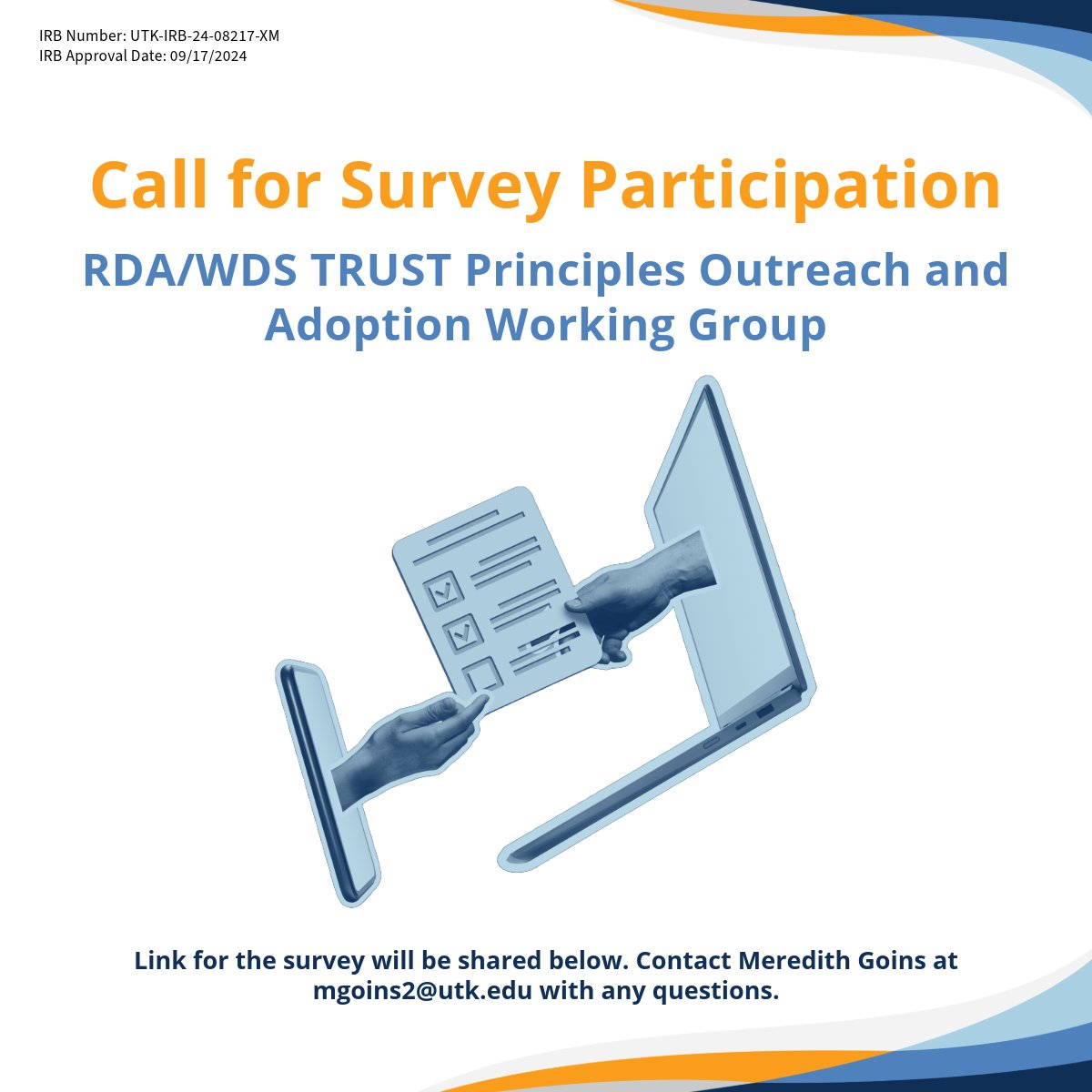 Scientists, policymakers, students, and others who work with data are invited to participate in a research survey to gather insights into how the TRUST Principles are used. 

Deadline Extension: 31 January 2025.

Read more below ⬇️
tiny.utk.edu/rOv65

#ResearchData