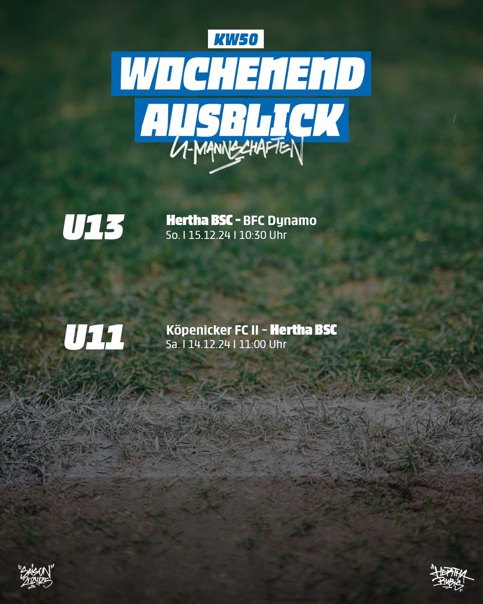 HerthaBubis's tweet photo. Für unsere #BSCU11 und #BSCU13 geht es am 3. Adventswochenende nochmal um 3⃣ Punkte! 🔥 Viel Erfolg, Jungs! 💙
#HaHoHe https://t.co/IYdi60gbN2