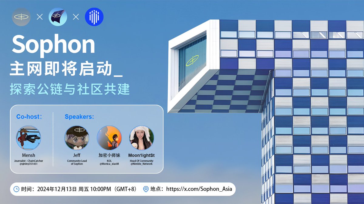 Sophon_Asia's tweet photo. Sophon APAC首次Community Call来啦！(((+)))
12月18日，主网上线在即，@Sophon_Asia 诚邀大家加入本次讨论，深入了解@Sophon的创新与社区共建。

🗓 日期: 12月13日（周五）
⏰ 时间: 晚上10点（GMT+8）
🎙 X Space：
https://t.co/bFCPm26B2Q

Co-host: @ChainCatcher_ 
嘉宾: @veMidCRV Community Lead of @sophon ，@Monica_xiaoM ，@Moon1ightSt Head Of Community @Nimble_Network 

锁定本周五！有关 @sophon，这里有你想知道的一切！