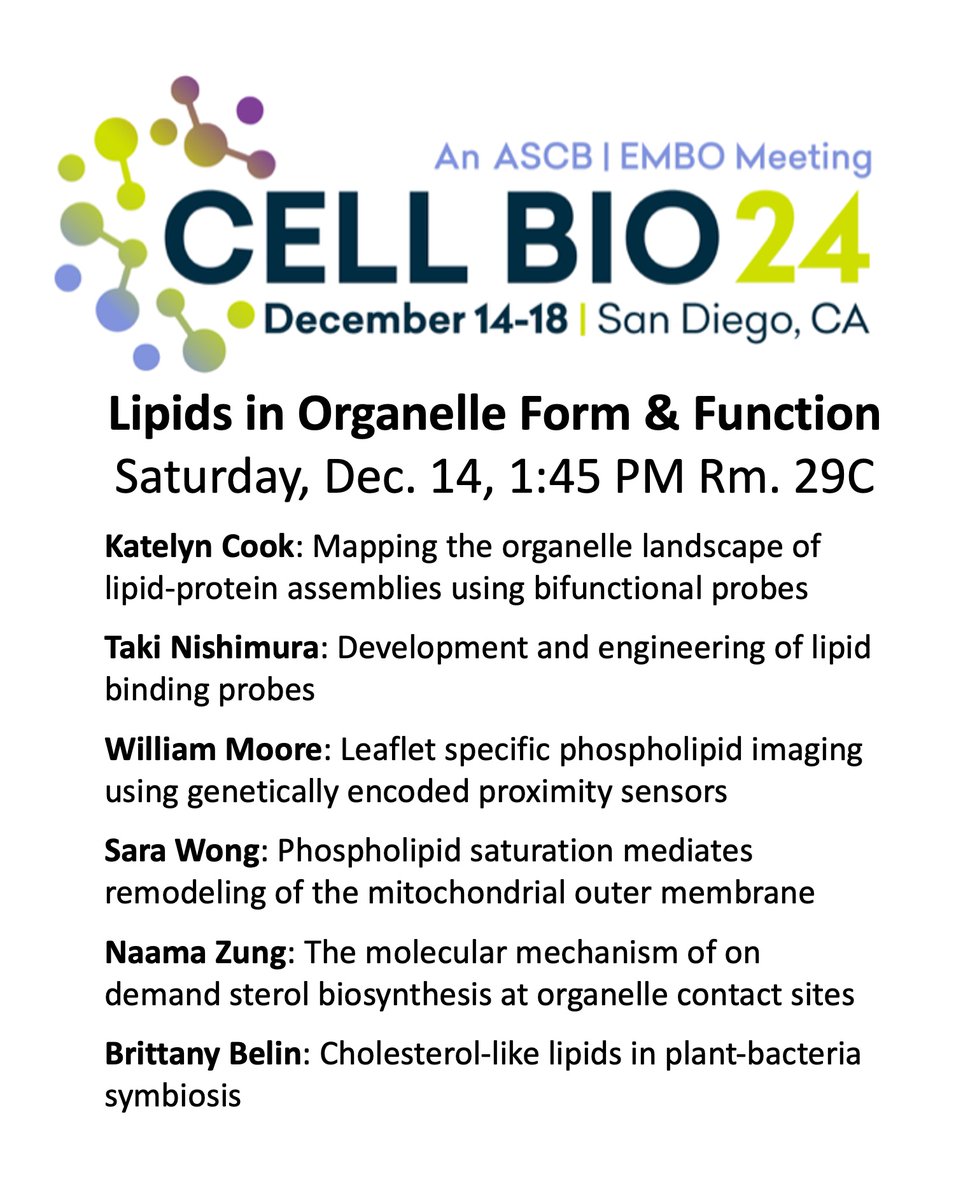 Heading to #CellBio2024? Do you love #lipids? Join us for an exciting subgroup on Lipids in Organelle Form and Function, Saturday at 1:45 PM! Lipid-themed happy hour to follow but you must attend the session to find out the location!