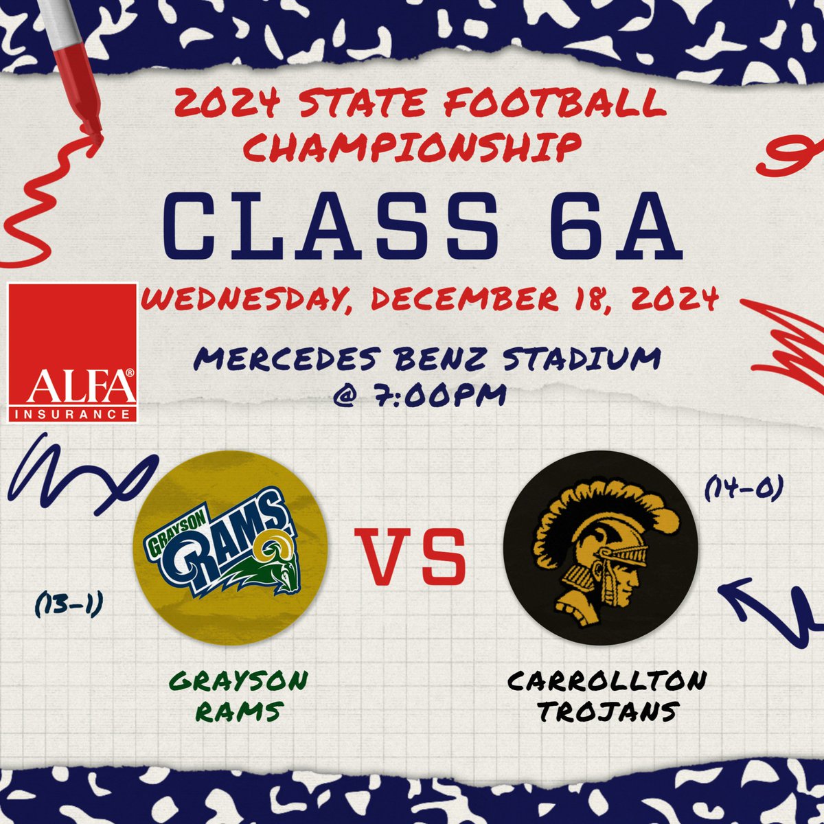 Week Away Wednesday....6A Football State Championships. <a href="/grayson_fb/">Grayson Football</a>
<a href="/Carrollton_High/">Trojan Football</a>  bit.ly/3cYiBIH
📅 Wed., Dec. 18th, 7:00 pm
🏈  Carrollton vs. Grayson
🏟️ <a href="/MBStadium/">Mercedes-Benz Stadium</a>
📱  Tickets <a href="/GoFanHS/">GoFan</a>
📺 Watch <a href="/GPBsports/">GPB Sports</a> <a href="/NFHSNetwork/">NFHS Network</a>