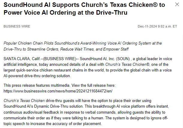 TadDickson333's tweet photo. $SOUN #SoundHound #StockMarket #NEWS @churcheschickn #Texas #NewPartnership #DriveThroughResturaunt #OrderingSystems #AmericasBest #AI #New #StocksInFocus https://t.co/BRc4404m07