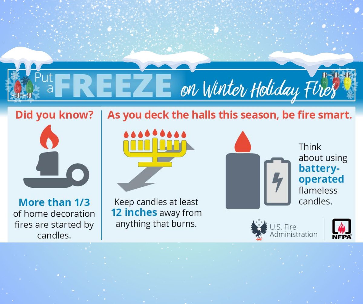 It's time to put a ❄️🧊freeze🧊❄️ on holiday fires- one of the best alternatives to preventing holiday fires are to use battery-operated flameless candles.