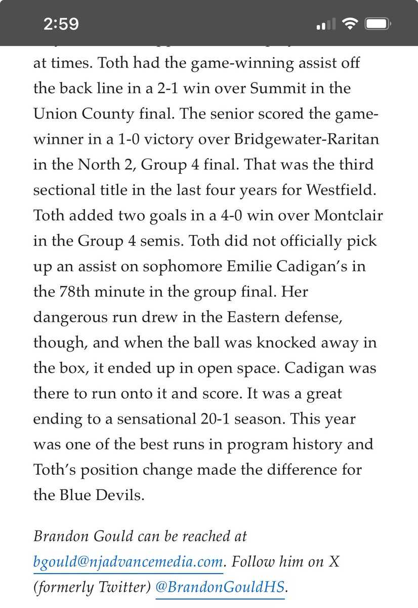 NJ 1st Team All-State!Excited to be in the company of all these amazing players! <a href="/whs_girls_soccr/">WHS Girls Soccer</a> 
<a href="/Bucknell_WSOC/">Bucknell Women’s Soccer</a> 
<a href="/FCCopa/">FC Copa Academy</a> 
<a href="/HSSportsNJ/">NJ.com HS Sports</a> 
<a href="/VarsityVantage/">Varsity Vantage</a> <a href="/BrandonGouldHS/">Brandon Gould</a> 
<a href="/WfieldBoosters/">Westfield Boosters</a> 
<a href="/WestfieldNJK12/">WestfieldNJSchools</a>