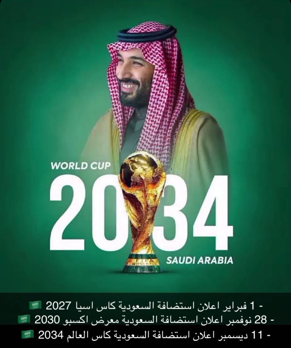 نرفع أسمى التهاني والتبريكات لمقام الوالد القائد #خادم_الحرمين_الشريفين الملك #سلمان_بن_عبدالعزيز 
<a href="/KingSalman/">سلمان بن عبدالعزيز</a>
 ولسمو سيدي #ولي_العهد صاحب السمو الملكي الأمير #محمد_بن_سلمان‌ وللشعب السعودي كافة ومحبي #السعودية الاعلان بفوز بلادنا إستضافة #كاس_العالم_2034