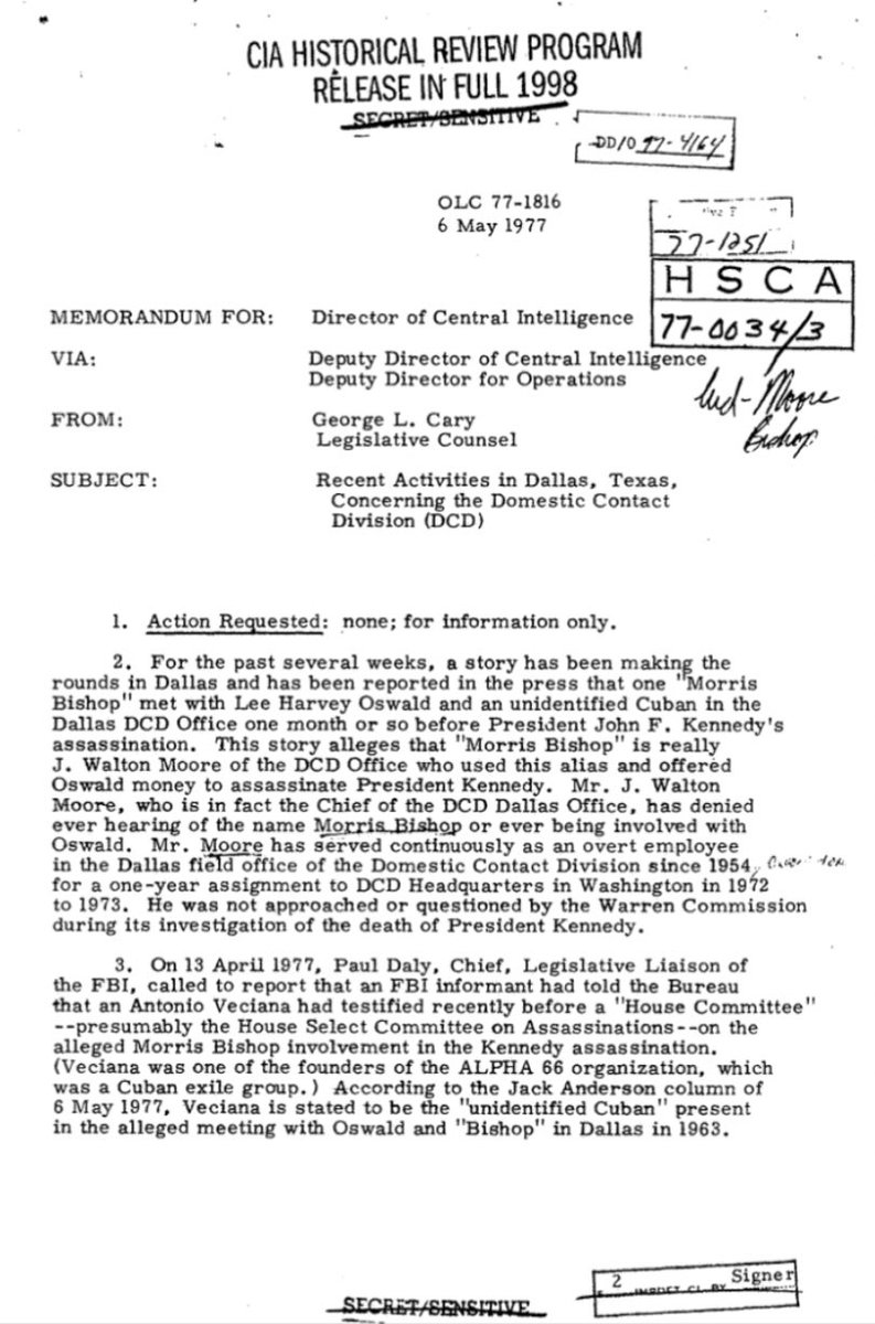 timfattig's tweet photo. James Walton Moore was the leading candidate to have been a #CIA handler known as Morris Bishop or Maurice Bishop, who met with #Alpha66 chief #AntonioVeciana in Dallas in 1963, at which time Veciana saw Bishop with #LeeHarveyOswald. This 1977 Agency memo reflects concern over the growing interest in Moore’s activities in 1963. And then, suddenly, HSCA staffer Gaeton Fonzi decided Bishop was another CIA man, #DavidAtleePhillips, and the Moore lead was promptly rabbit-holed by an entire generation of researchers.