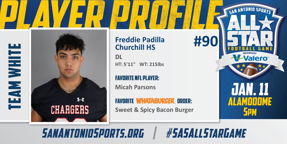 San Antonio Sports (@sa_sports) on Twitter photo Meet <a href="/Fred_padilla90/">Freddie Padilla</a> from <a href="/NEISD/">North East ISD</a> who will compete in the San Antonio Sports All-Star Football Game pres. by <a href="/ValeroEnergy/">Valero</a> at the Alamodome on Jan. 11! #SASAllStarGame <a href="/Whataburger/">Whataburger®</a>
<a href="/MicahhParsons11/">Micah Parsons</a>
<a href="/WC_ChargersFB/">Churchill Chargers Football 🇬🇧</a>
<a href="/NeisdAthletics/">NEISD ATHLETICS</a> Meet <a href="/Fred_padilla90/">Freddie Padilla</a> from <a href="/NEISD/">North East ISD</a> who will compete in the San Antonio Sports All-Star Football Game pres. by <a href="/ValeroEnergy/">Valero</a> at the Alamodome on Jan. 11! #SASAllStarGame <a href="/Whataburger/">Whataburger®</a>
<a href="/MicahhParsons11/">Micah Parsons</a>
<a href="/WC_ChargersFB/">Churchill Chargers Football 🇬🇧</a>
<a href="/NeisdAthletics/">NEISD ATHLETICS</a>