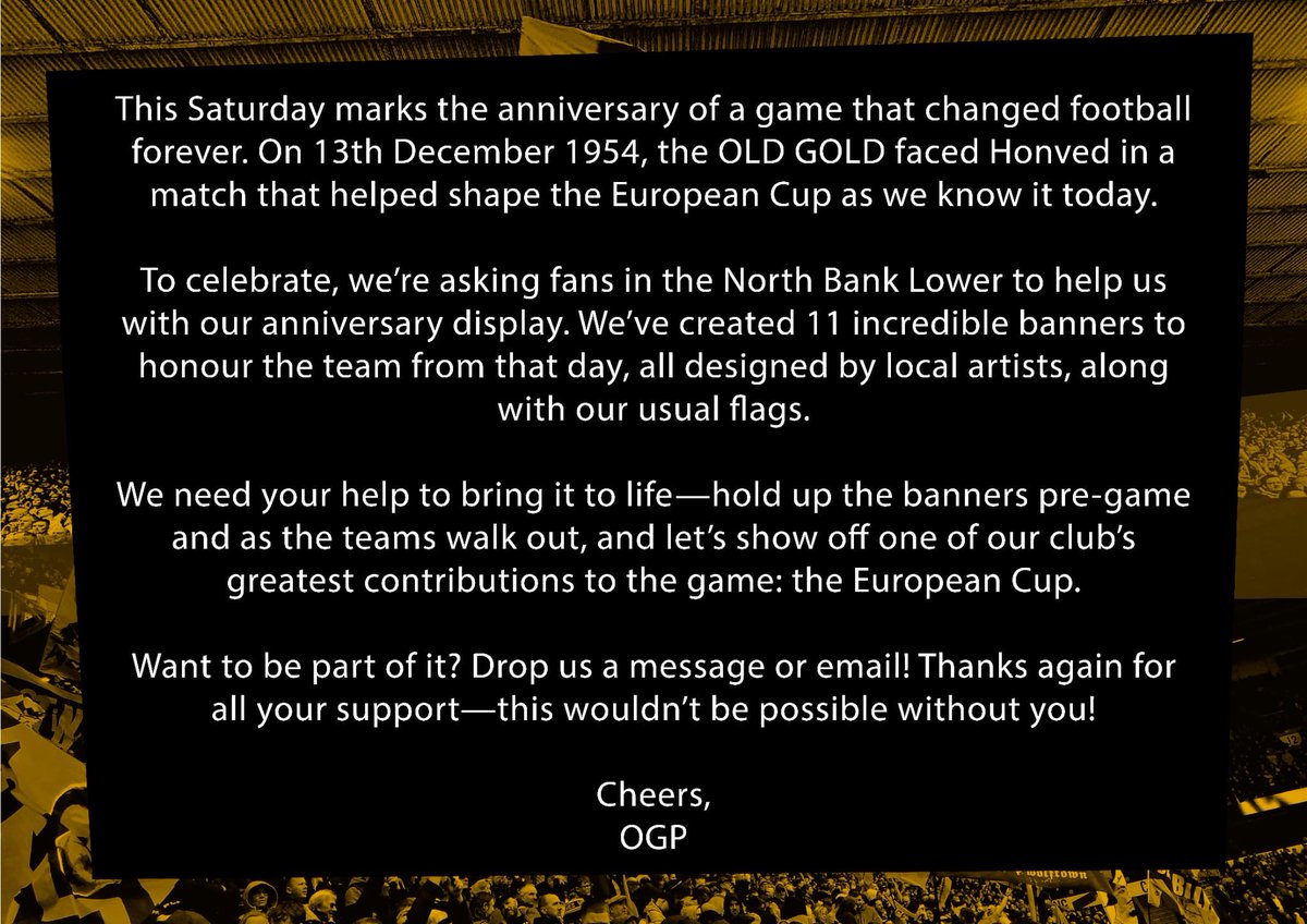 oldgoldpack's tweet photo. Honved Anniversary display update: 

This Saturday vs Ipswich…

We need your help.

#wwfc https://t.co/AoqRcCEivE