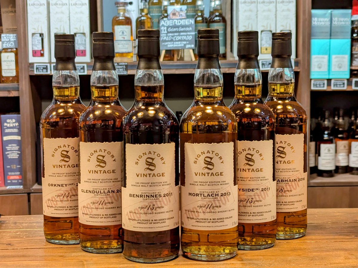 AberdeenShop's tweet photo. The new 100 Proofs from Signatory are here!! 
All Oloroso maturation and all £45 each!!!

Caol Ila, Orkney (HP), Bunnahabhain, Benrinnes, Glendullan, Speyside (M) and Mortlach!!

https://t.co/vrugoX81z4 https://t.co/MihdSJeTR5
