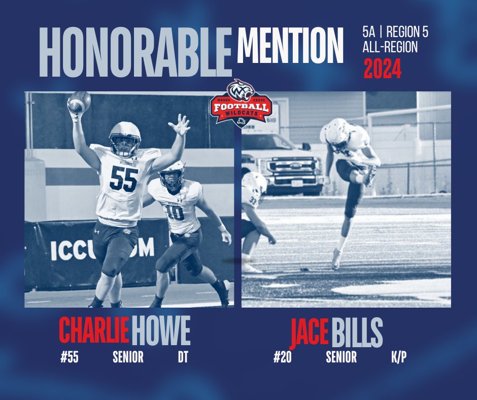 🎉 Congrats to Seniors Charlie Howe (#55 DT) and Jace Bills (#20 K/P) on earning Honorable Mention for Region 5 All-Region honors! Proud of you both! 🐾 #WildcatsPride #AllRegionHonors #GoWildcats