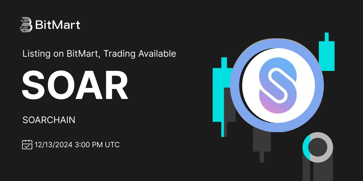 #BitMart will list SOARCHAIN (SOAR) <a href="/soar_chain/">Soarchain</a>  on our digital assets platform on December 13, 2024 🤩

💰Trading pair: SOAR/USDT
💎Deposit: 12/12/2024 3:00 PM UTC
💎Trading: 12/13/2024 3:00 PM UTC 

Learn more: support.bitmart.com/hc/en-us/artic…