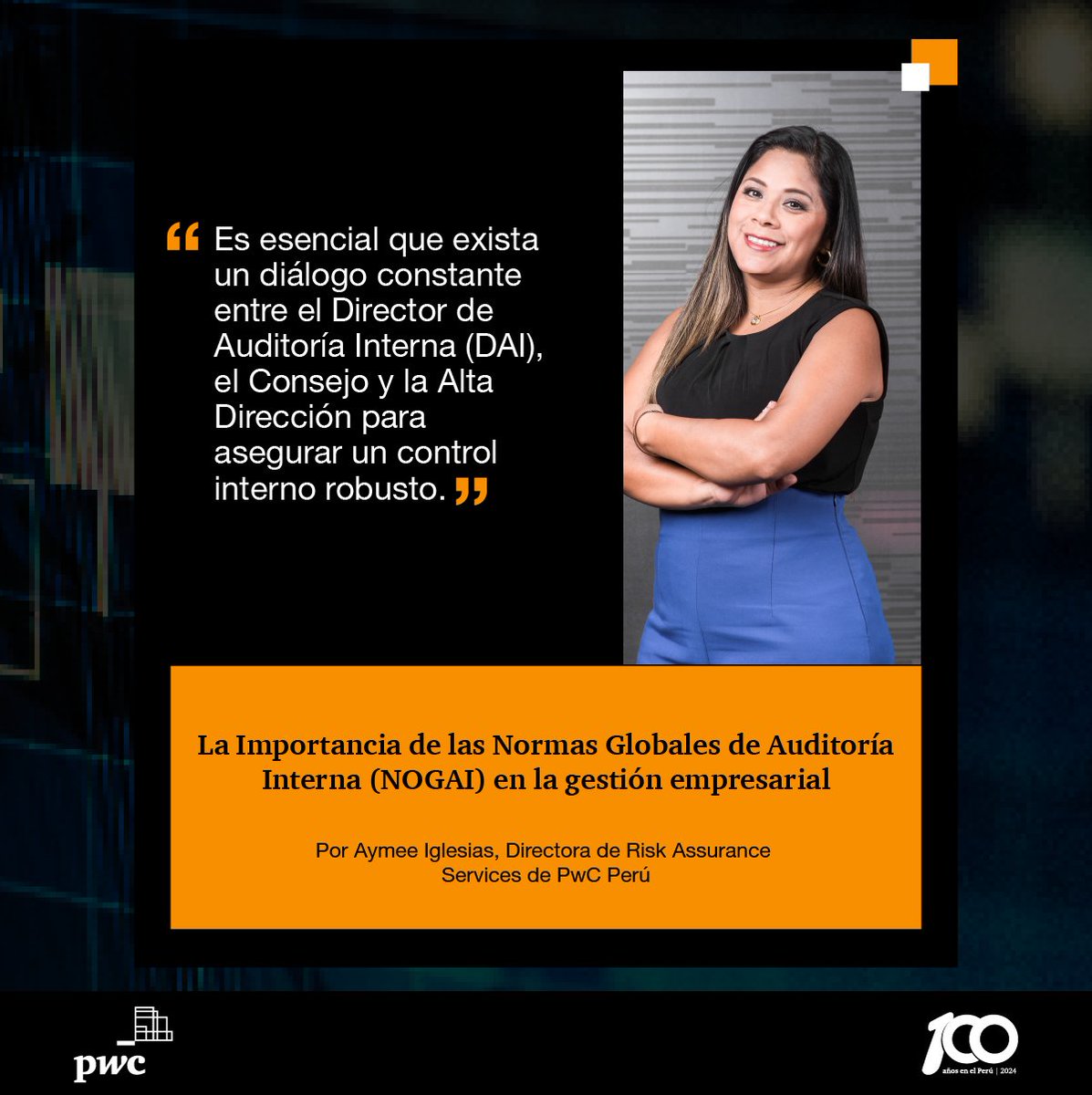 PwC_Peru's tweet photo. ¿Qué papel juegan el DAI, la alta dirección y el consejo en las #NOGAI?
Aymee Iglesias, directora de Risk Assurance Services, nos comenta cómo las NOGAI proporcionan un marco estructurado que facilita la gestión eficaz y transparente en las Compañías, mejoran la toma de + https://t.co/xvSc6pwNSr