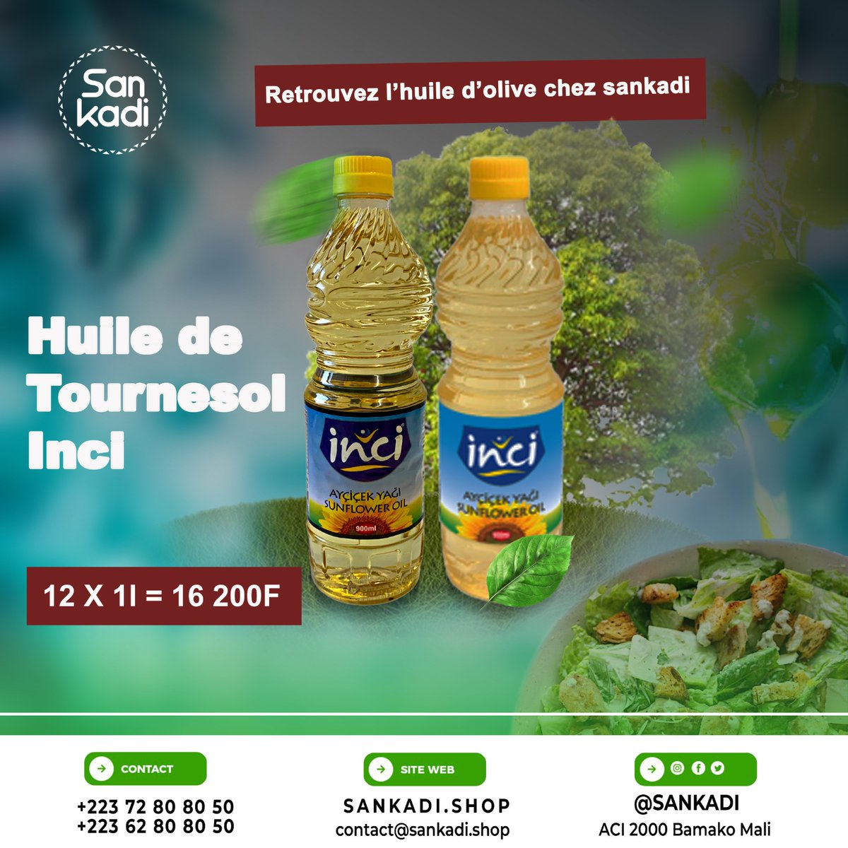 sankadimali's tweet photo. 12 × 1L = 16 000f , le calcul parfait pour ravitailler votre maison en toute simplicité  ! 💚
Profitez de notre offre spéciale.
📞 Contact :72 80 80 50 ou 62 80 80 50
📲 Site : https://t.co/3qXHRHNyXk

#sunfloweroil #cookingoil #malianfood #localproducts #specialoffer #sankadi https://t.co/uGHKjYi7XC