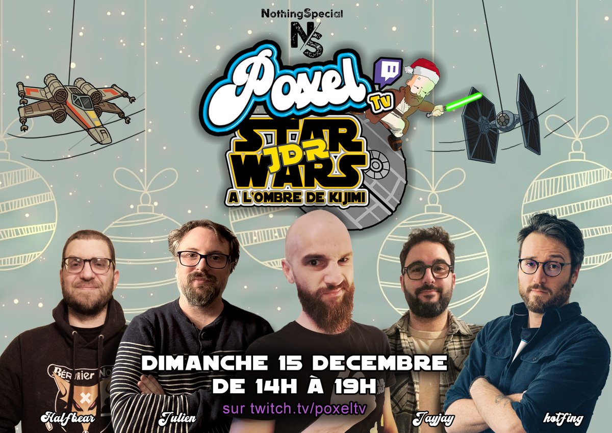 PixelFincky's tweet photo. ✨ Rendez-vous galactique ce dimanche 15 décembre à 14h ! 🚀  En partenariat avec Nothing Special ,  une aventure JDR spéciale Star Wars ! notre maître du jeu Julien nous guidera dans une épopée mémorable,  @H0tfing , Halfbear, jayjay  !  

#jdr https://t.co/cAGUsdY6e1