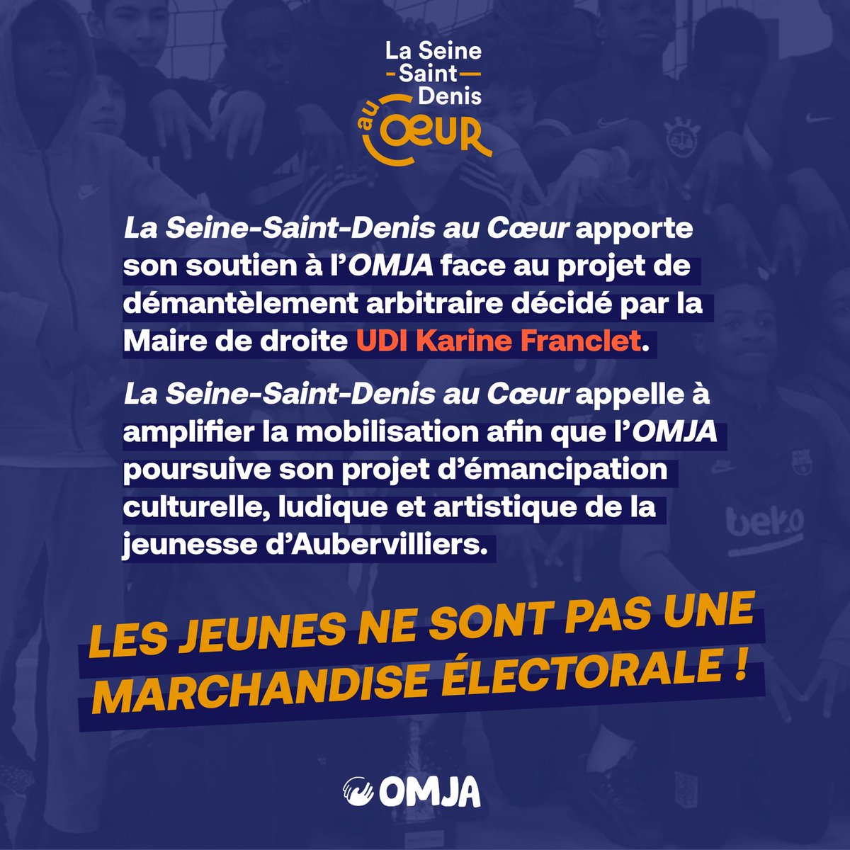 SeineAu's tweet photo. 🔴 Alors qu’elle venait de fêter ses 75 ans d’existence, les activités de l’OMJA en direction des jeunesses d’Aubervilliers sont menacées.

À @francletkarine, nous disons : NON, on ne touche pas aux jeunesses d’Aubervilliers❗️

✍️ Déjà 2000 signataires ⤵️

https://t.co/GbCj5frk8P https://t.co/GD7U6N734e