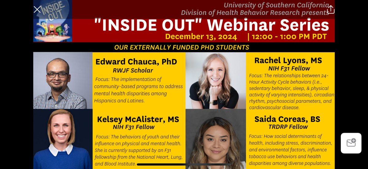 Genevieve Dunton, PhD, MPH (@genevievedunton) on Twitter photo Are you a PhD student interested in what it takes to get external funding? Come join our HBR “Inside Out” webinar on Friday Dec. 13 from 12-1pm PST to hear from 4 of our own students. <a href="/r_croz/">Rachel Crosley Lyons, MS</a> <a href="/klmcalister/">Kelsey McAlister</a> @Edward_Chauca Here is the registration link: bit.ly/4f4qcTO. Are you a PhD student interested in what it takes to get external funding? Come join our HBR “Inside Out” webinar on Friday Dec. 13 from 12-1pm PST to hear from 4 of our own students. <a href="/r_croz/">Rachel Crosley Lyons, MS</a> <a href="/klmcalister/">Kelsey McAlister</a> @Edward_Chauca Here is the registration link: bit.ly/4f4qcTO.