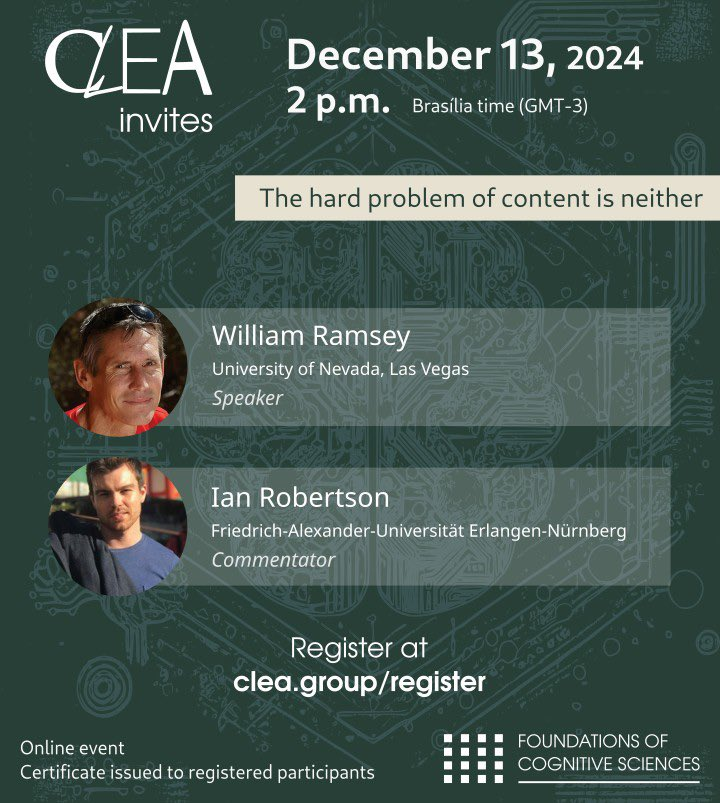 CLEAfil's tweet photo. The last CLEA Invites of the year is almost here! 

Register to get the meeting link and join us for a nice and friendly discussion on the hard problem of content and related foundational issues within philosophy of cognition.

Hope to see you there!

https://t.co/hG4gq5BvMX https://t.co/HUVZUiPJDN