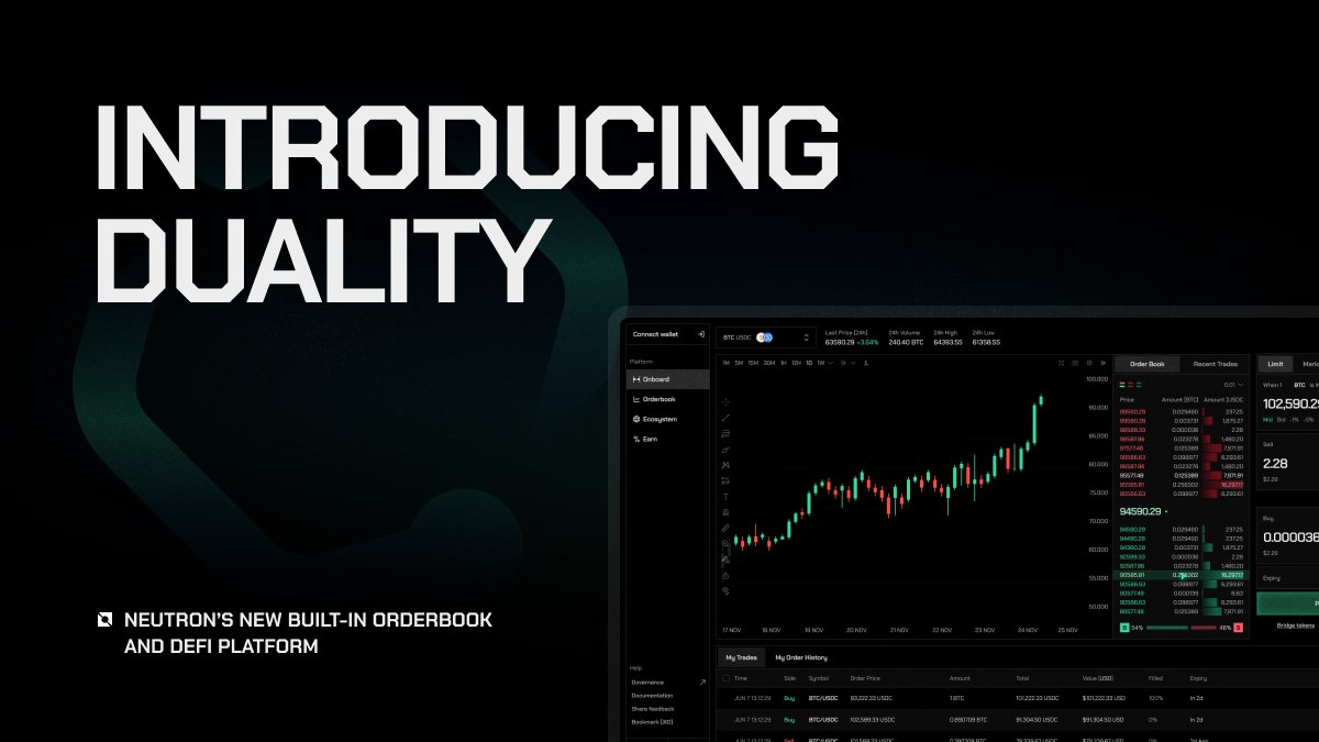 Duality is LIVE ⚡️

Duality combines the advantages of orderbooks and AMMs into a single trading venue to offer the best execution for traders &amp; LPs.

Duality will serve as the base layer of spot liquidity to enable maximally profitable &amp; capital-efficient DeFi on Neutron 🧵⤵️