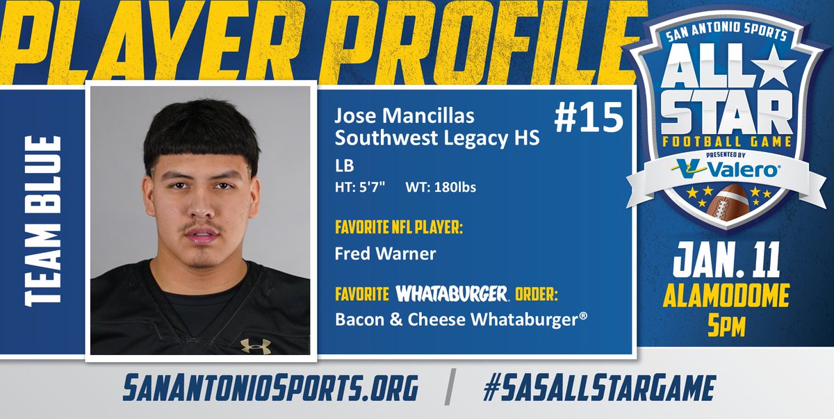 San Antonio Sports (@sa_sports) on Twitter photo Meet <a href="/j_allstar22/">Jose Mancillas</a> from <a href="/swisd_swlhs/">SW Legacy HS</a> who will compete in the San Antonio Sports All-Star Football Game pres. by <a href="/ValeroEnergy/">Valero</a> at the Alamodome on Jan. 11! #SASAllStarGame <a href="/Whataburger/">Whataburger®</a>
<a href="/fred_warner/">Fred Warner</a>
<a href="/swisd_swlfb/">Legacy Titan Football</a>
<a href="/swisd/">Southwest ISD</a>
<a href="/swisd_athletics/">SWISD Athletics</a>
<a href="/swisd_SWLathl/">SW Legacy Athletics</a> Meet <a href="/j_allstar22/">Jose Mancillas</a> from <a href="/swisd_swlhs/">SW Legacy HS</a> who will compete in the San Antonio Sports All-Star Football Game pres. by <a href="/ValeroEnergy/">Valero</a> at the Alamodome on Jan. 11! #SASAllStarGame <a href="/Whataburger/">Whataburger®</a>
<a href="/fred_warner/">Fred Warner</a>
<a href="/swisd_swlfb/">Legacy Titan Football</a>
<a href="/swisd/">Southwest ISD</a>
<a href="/swisd_athletics/">SWISD Athletics</a>
<a href="/swisd_SWLathl/">SW Legacy Athletics</a>