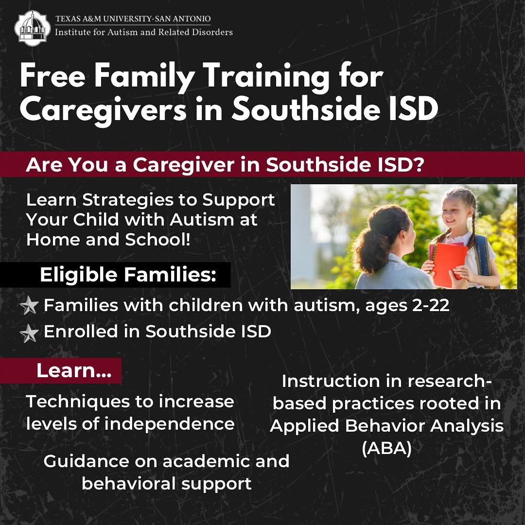 MinnerSarah's tweet photo. Join us this evening from 5:30 to 6:30 PM for the final parent training session of 2024 at @southsideisd 

We’ll be discussing social skills and strategies to support communication for children and young adults on the autism spectrum! 💫 https://t.co/cYm6osaTho