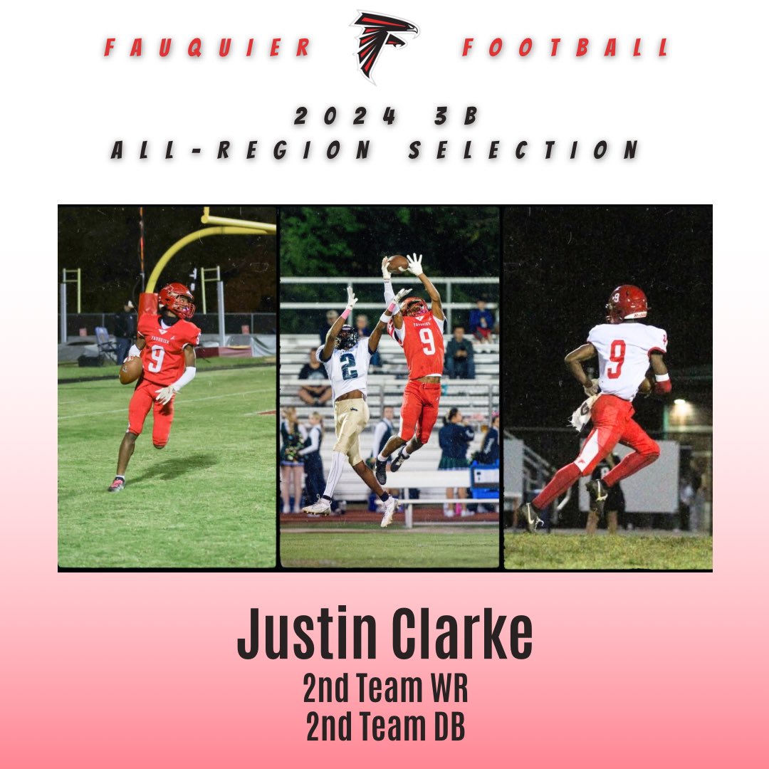 FHS_FalconFB's tweet photo. Congratulations to our 2024 All-Region selection, Justin Clarke! 2nd team DB and WR for Region 3B. Awesome year for number 9. #BAM #Team61 https://t.co/a0ksjU7aQ6