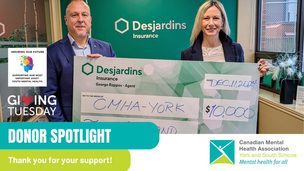 We're thrilled to announce the Insuring Our Future campaign in support of youth mental health raised $10,000 in 24 hours this Giving Tuesday! A HUGE thank you and shout out to Newmarket Desjardins Agent, <a href="/george_rappos/">George Rappos</a>, who matched every gift, bringing the total to $20,000!