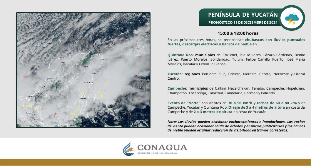 ⛈️ Quintanarroenses, ¡Tomemos precauciones! En las próximas tres horas, se pronostican chubascos con lluvias puntuales fuertes, descargas eléctricas y bancos de niebla en: Quintana Roo: municipios de Cozumel, Isla Mujeres, Lázaro Cárdenas, Benito Juárez, Puerto Morelos,